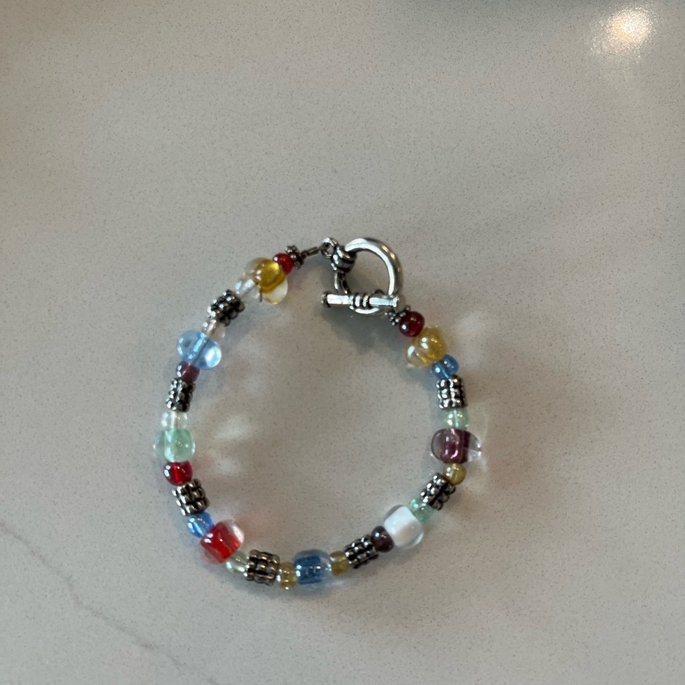 Artisan Multicolor Glass Beaded Bracelet Silver Toggle Clasp